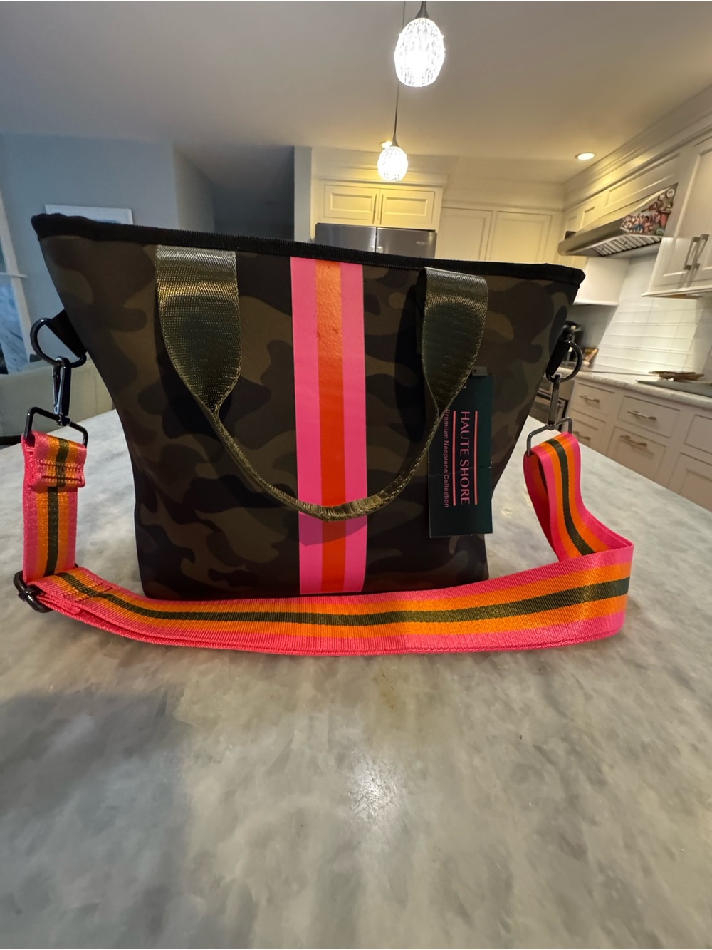 HAUTE SHORE Neoprene Camo Tote with Pink Stripe and Neon Multi-Color Strap